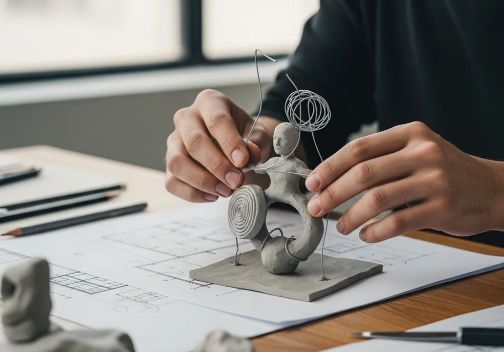 Student practicing 3D modeling with clay and wire for NID Studio Test preparation.