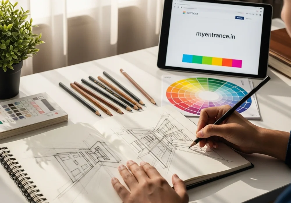 A design student practicing advanced sketching for NIFT CAT with design tools and study materials from myentrance.in on a wooden desk.