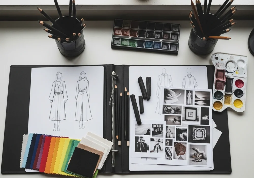 A professional fashion design portfolio open on a desk featuring sketches, fabric swatches, and art supplies for NIFT entrance exam preparation.