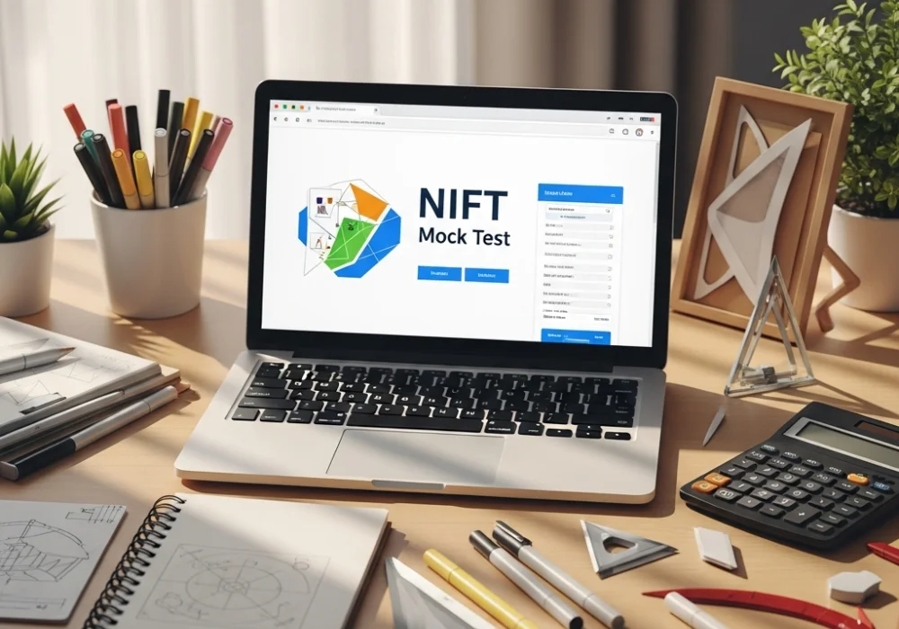 NIFT General Ability Test preparation setup with study materials and mock tests.