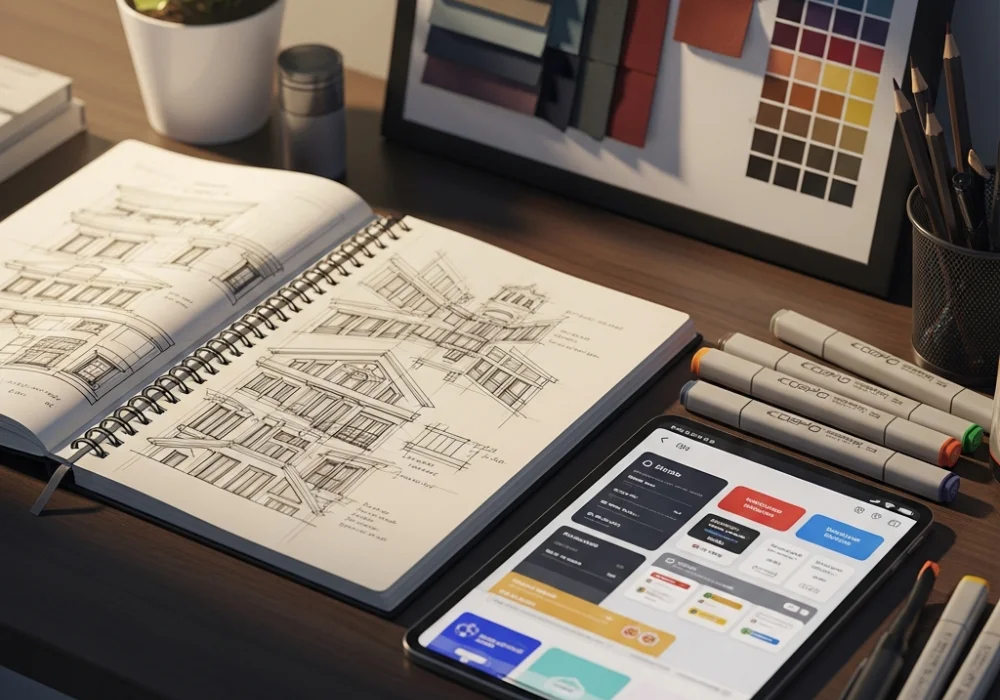 Aesthetic creative design studio workspace for NID DAT preparation showing sketches and digital tools.