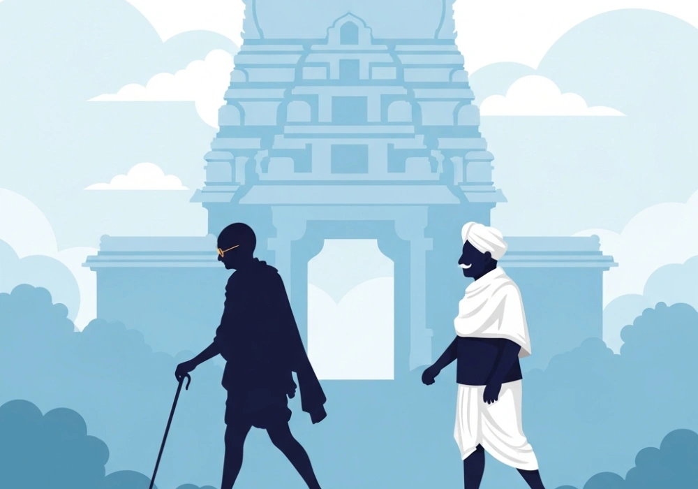 Educational graphic showing Mahatma Gandhi and K.P. Kesava Menon for Kerala PSC Vaikom Satyagraha study guide.