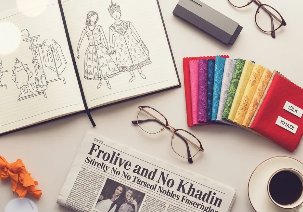 Educational flat-lay for NIFT preparation showing design elements, news, and vocabulary notes.