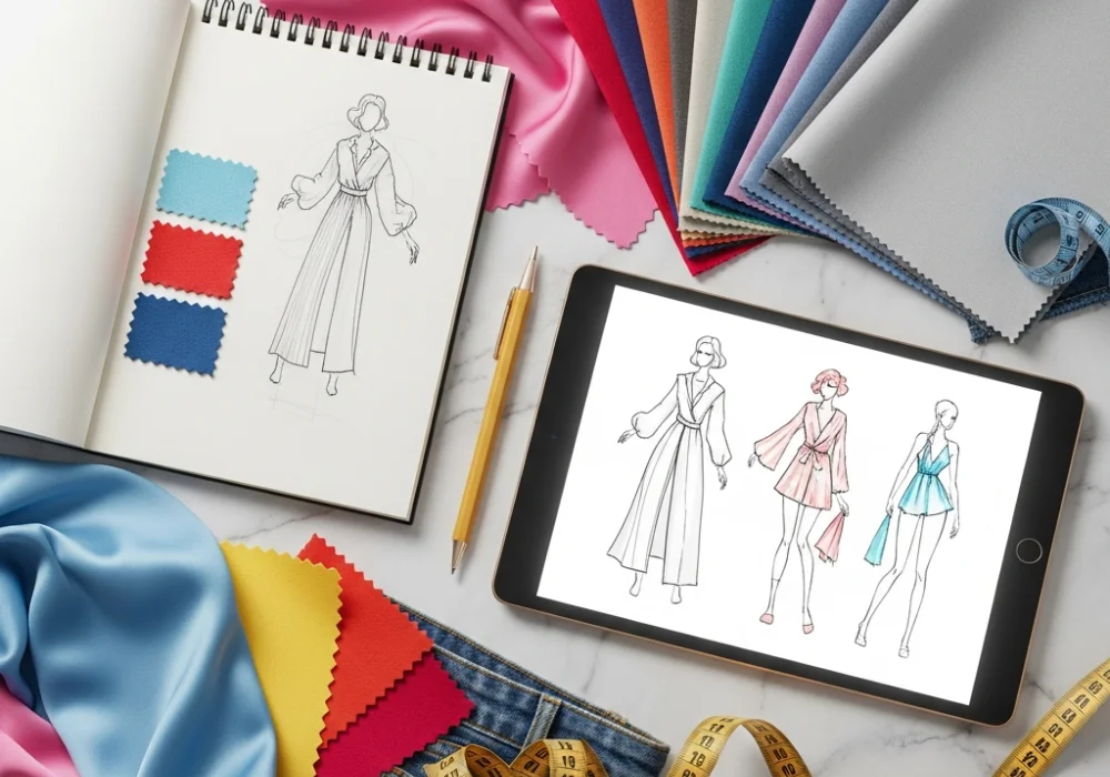 Educational flat-lay with fabric swatches and fashion sketches for NIFT exam preparation.
