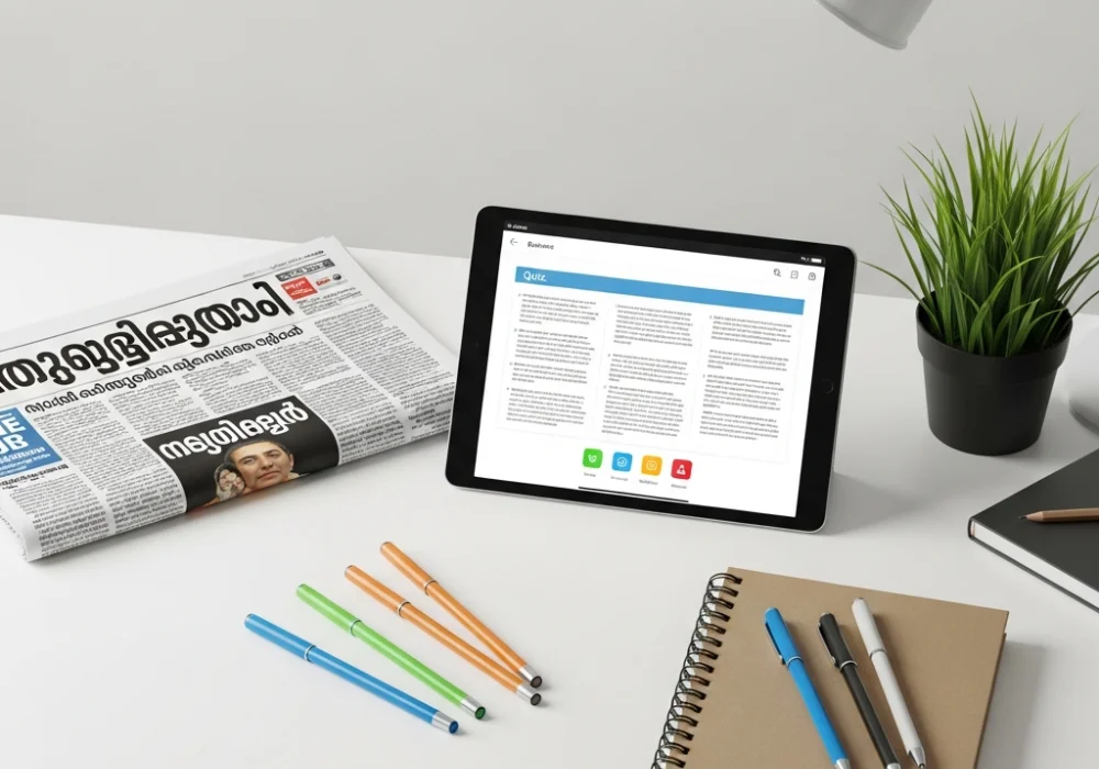A workspace with Kerala PSC study materials, newspapers, and a digital tablet for current affairs preparation.
