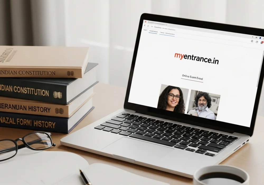 Expert study setup for University Assistant exam preparation showing textbooks and online mock test portal.