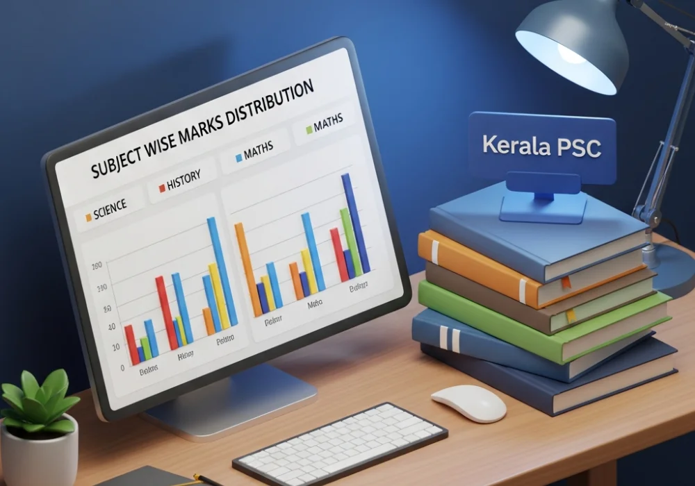 A 3D illustration showing Kerala PSC exam subject-wise mark distribution and study materials on a digital screen.