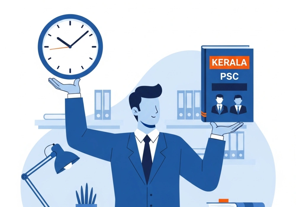 A professional balancing work and Kerala PSC study, symbolizing time management.