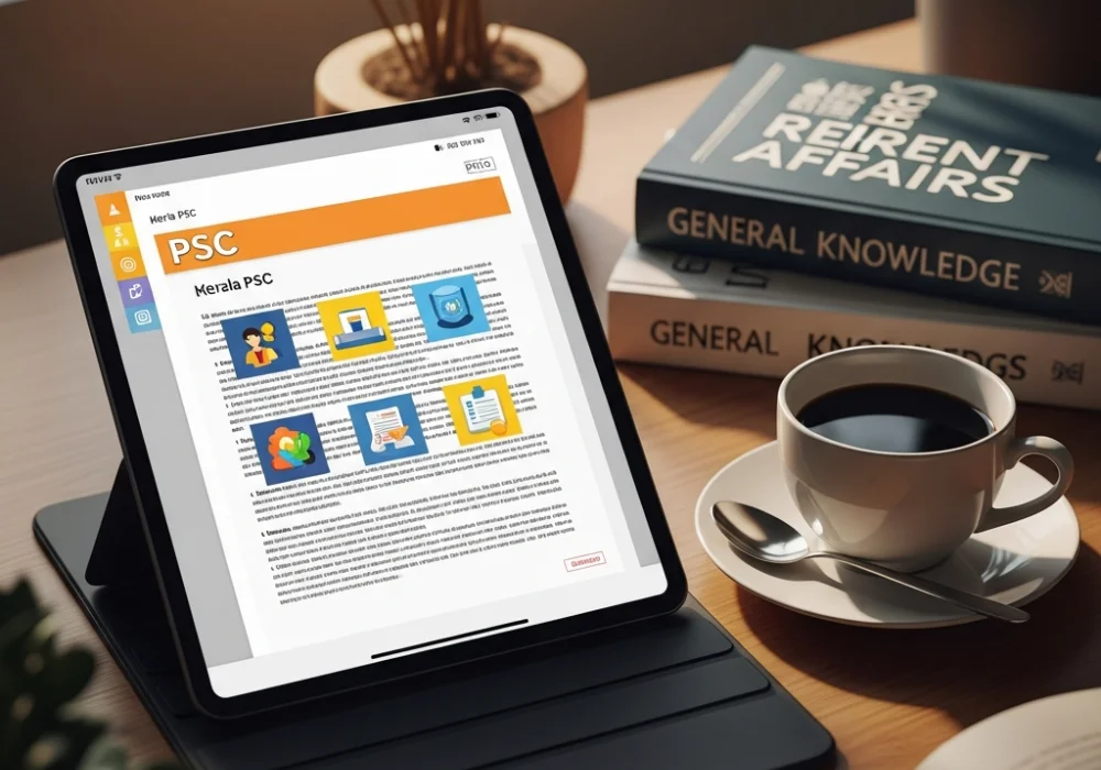 Digital tablet showing Kerala PSC current affairs study material and PDF on a study desk.