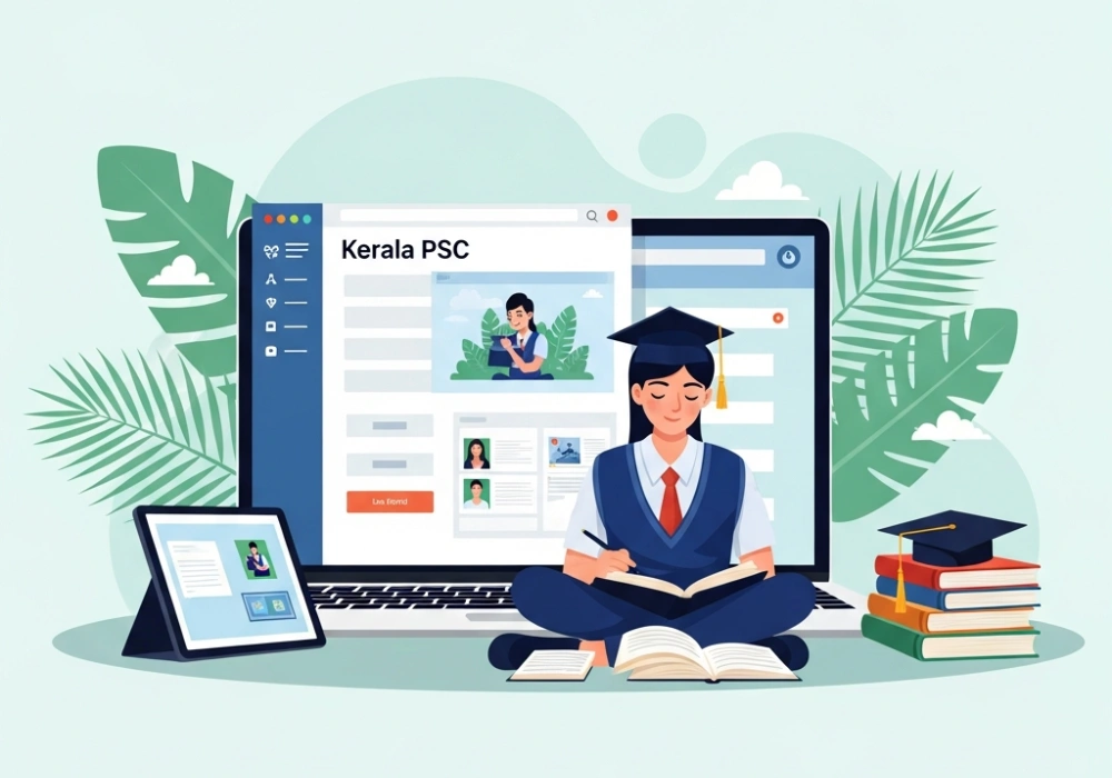 A student using Kerala PSC Thulasi portal for OTR registration and exam preparation.