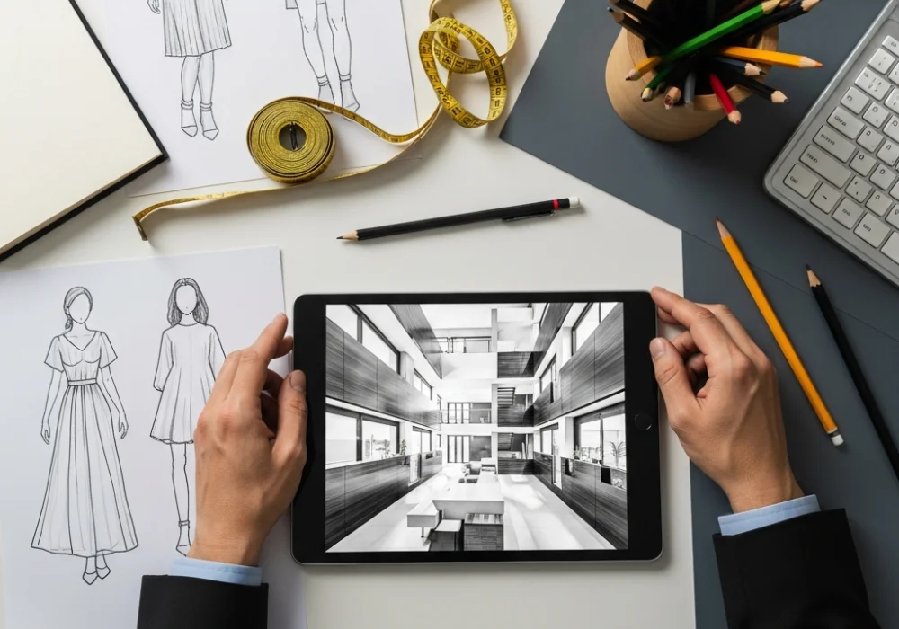 Aesthetic design workspace with sketching tools and fashion illustrations for NIFT preparation.
