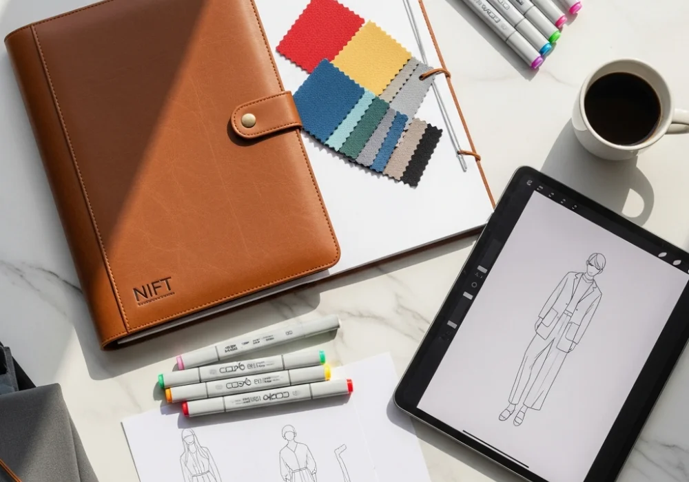 A professional design portfolio layout featuring sketches, markers, and digital design tools on a white desk.