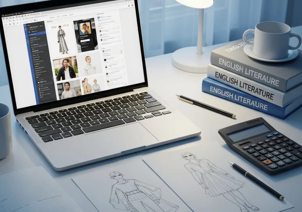 A modern study desk for NIFT entrance preparation showing books, design tools, and a laptop with educational material.