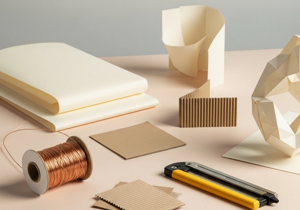A minimalist workspace showing materials for the NIFT Situation Test preparation including paper, wire, and a 3D model.