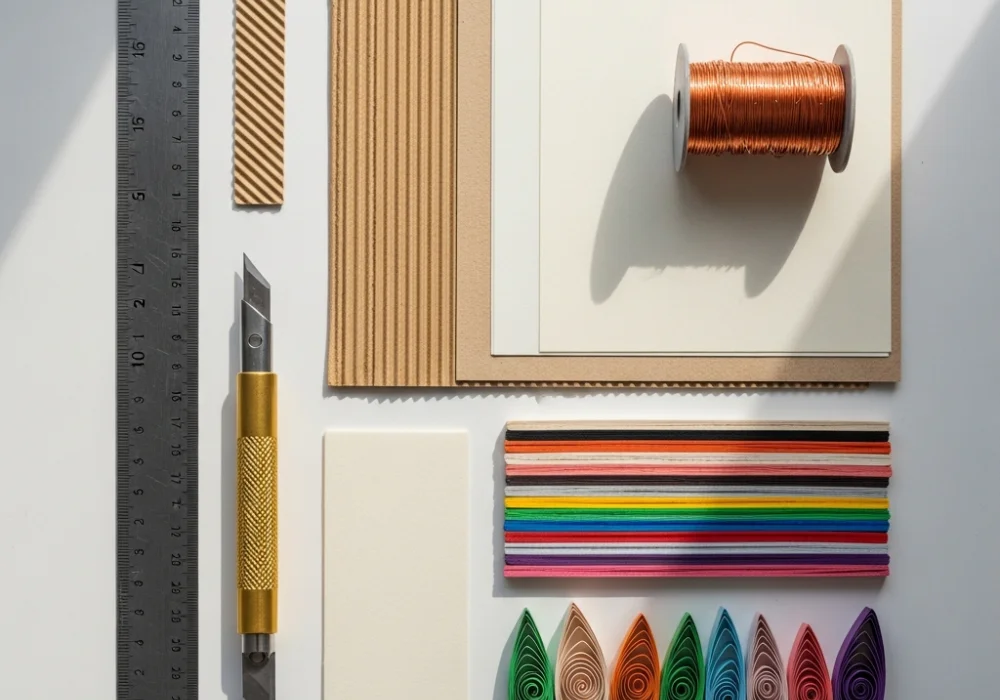 Comprehensive collection of stationary for NIFT Situation Test including cutters, rulers, and paper types.