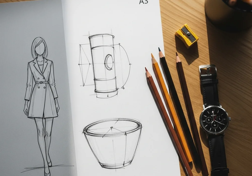 A professional designer's workspace with sketches, color pencils, and a watch, representing time management for the NIFT CAT exam.