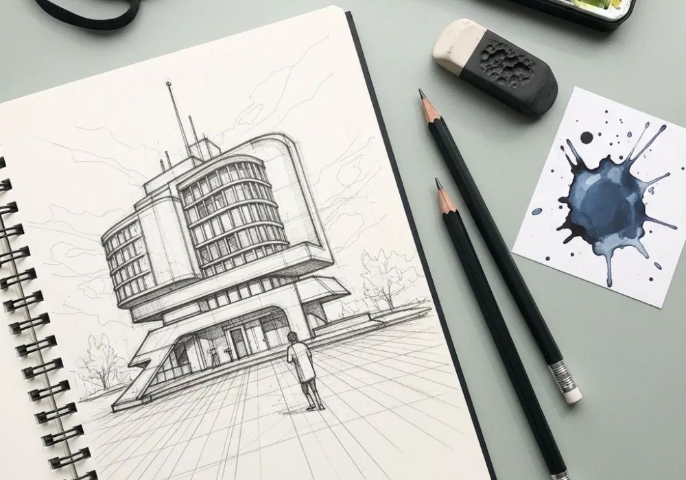 A professional design student's desk with a perspective drawing in a sketchbook and drawing tools for NIFT preparation.