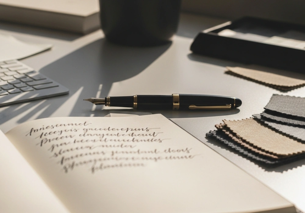 A creative desk setup with a sketchbook and fabric swatches for NIFT GAT creative writing preparation.