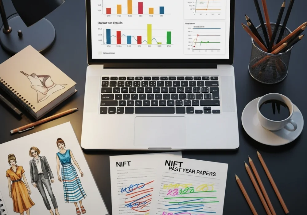 A professional flat-lay of NIFT preparation materials including sketchbooks, past papers, and mock tests for entrance exam preparation.