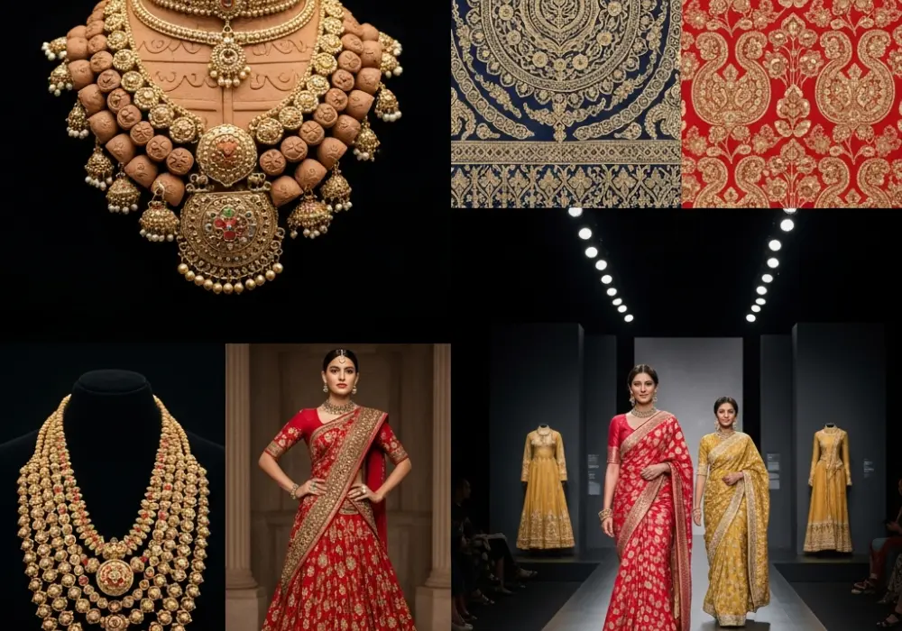 A chronological representation of Indian fashion history from ancient to modern times, showcasing traditional textiles and silhouettes.