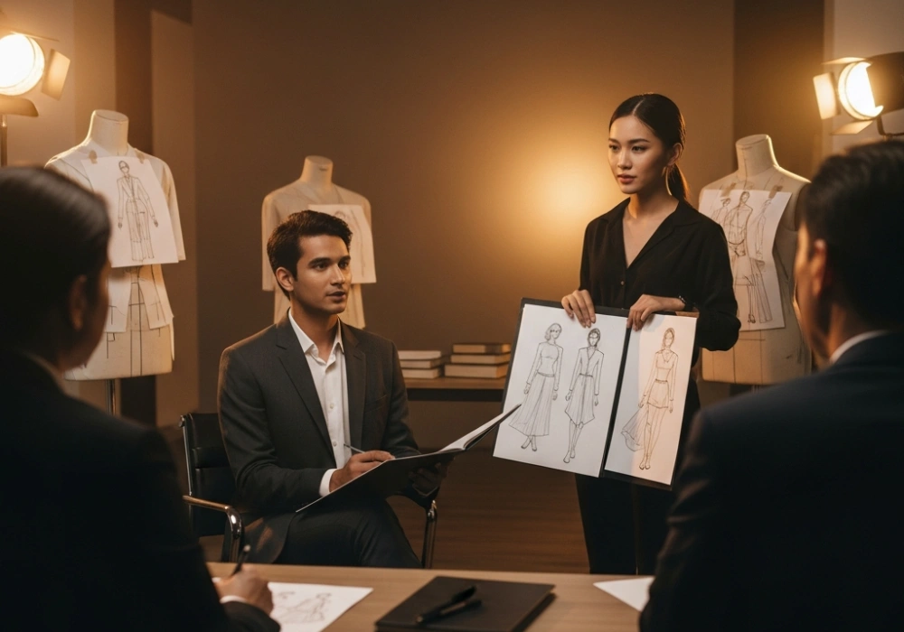 A student undergoing a NIFT personal interview with a panel of experts.