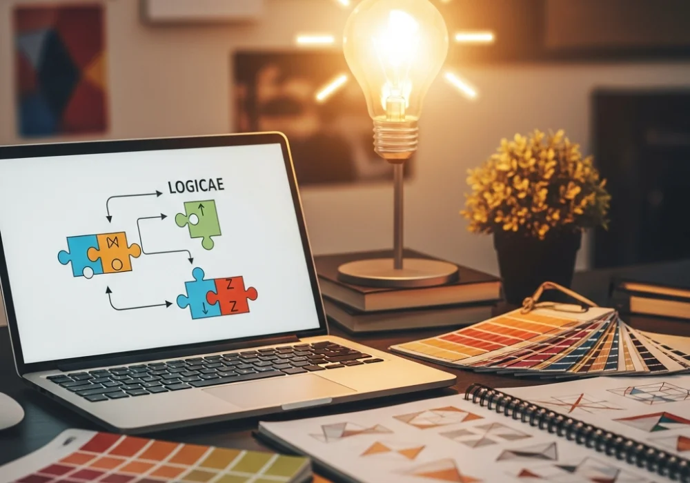 A student's workspace showing NIFT preparation materials and logical reasoning diagrams with a creative flair.