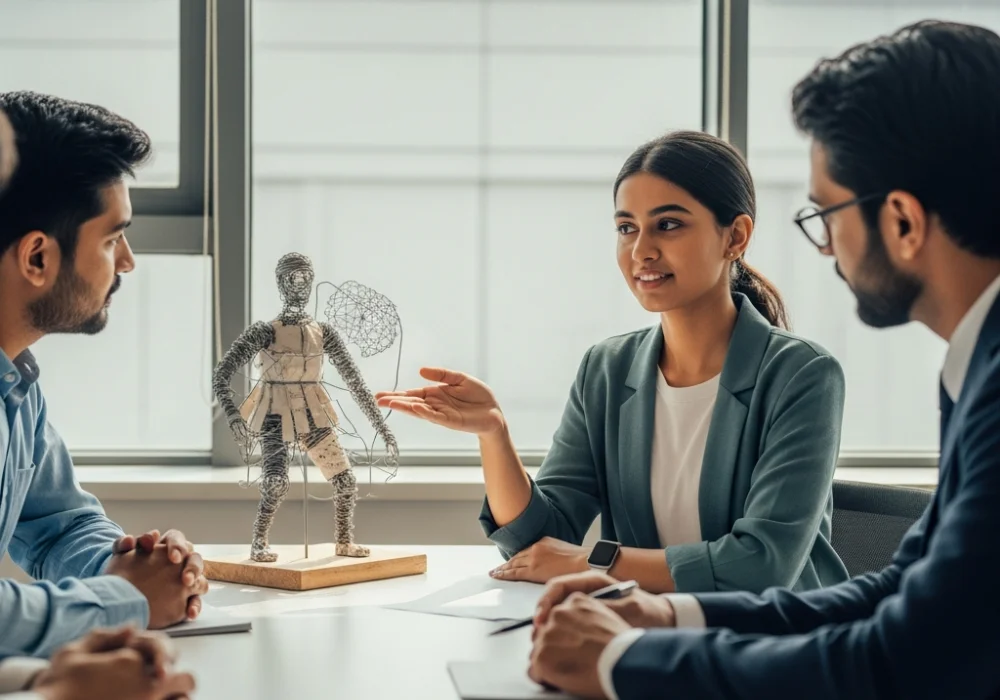 A NIFT aspirant confidently defending their design model during a personal interview with a panel of experts.