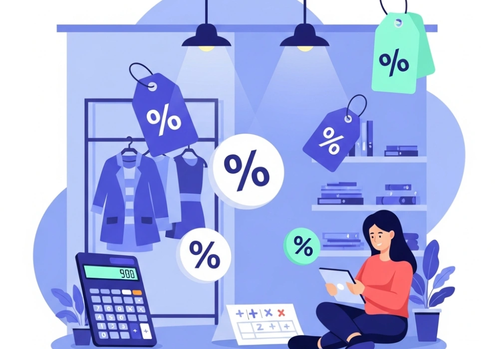 Illustration of retail math concepts including discounts and mark-ups for NIFT GAT preparation.