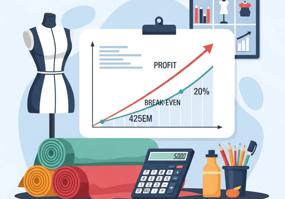 Educational illustration of fashion boutique profit and loss analysis and break-even point for NIFT GAT preparation.