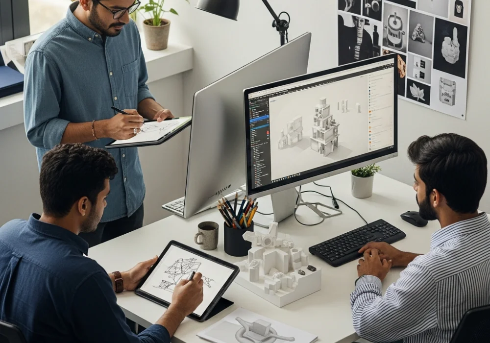 Diverse career paths after NID showing designers working on digital and strategic projects in a modern studio environment.