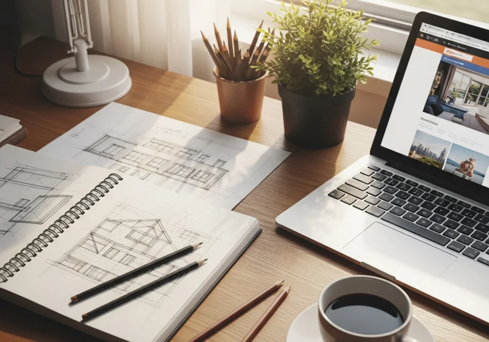 A student's desk with sketching tools and a laptop, illustrating NID preparation at home.