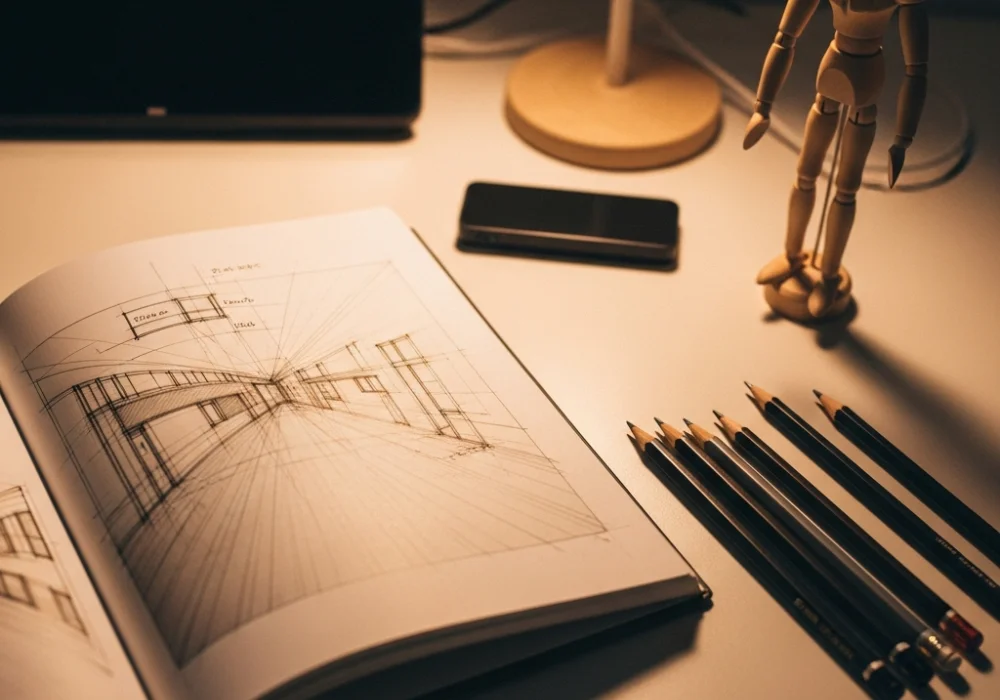 A professional designer's desk showing essential sketching tools and a perspective drawing in a sketchbook for NID DAT preparation.