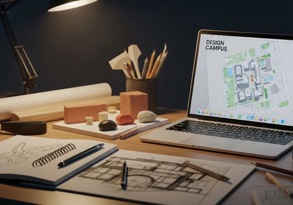 Artistic workspace with sketches and modeling tools representing NID DAT preparation and admission process.