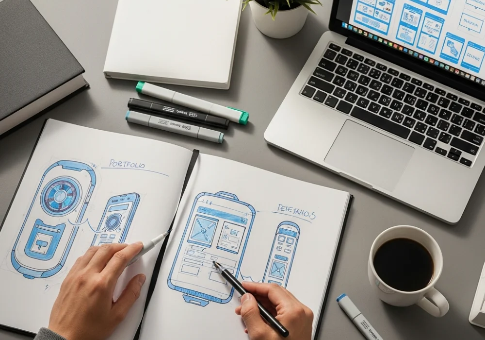 A professional design portfolio on a desk with sketches and digital wireframes for NID M.Des applicants.
