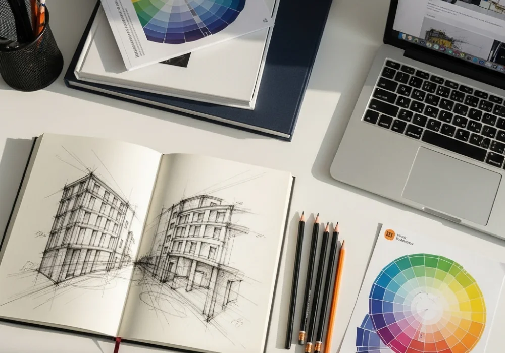 A curated study space for NID aspirants featuring a sketchbook with a perspective drawing, pencils, and design resources on a white desk.