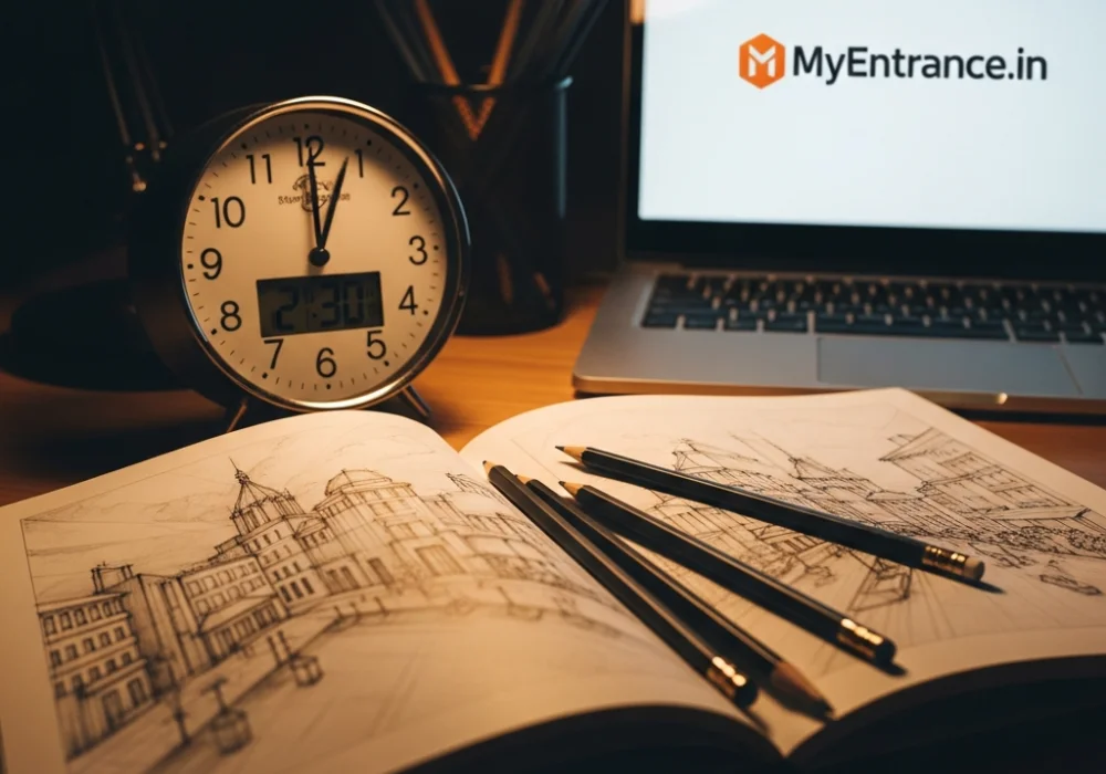 A student desk setup with a clock, pencils, and NID DAT sketches representing time management strategies.