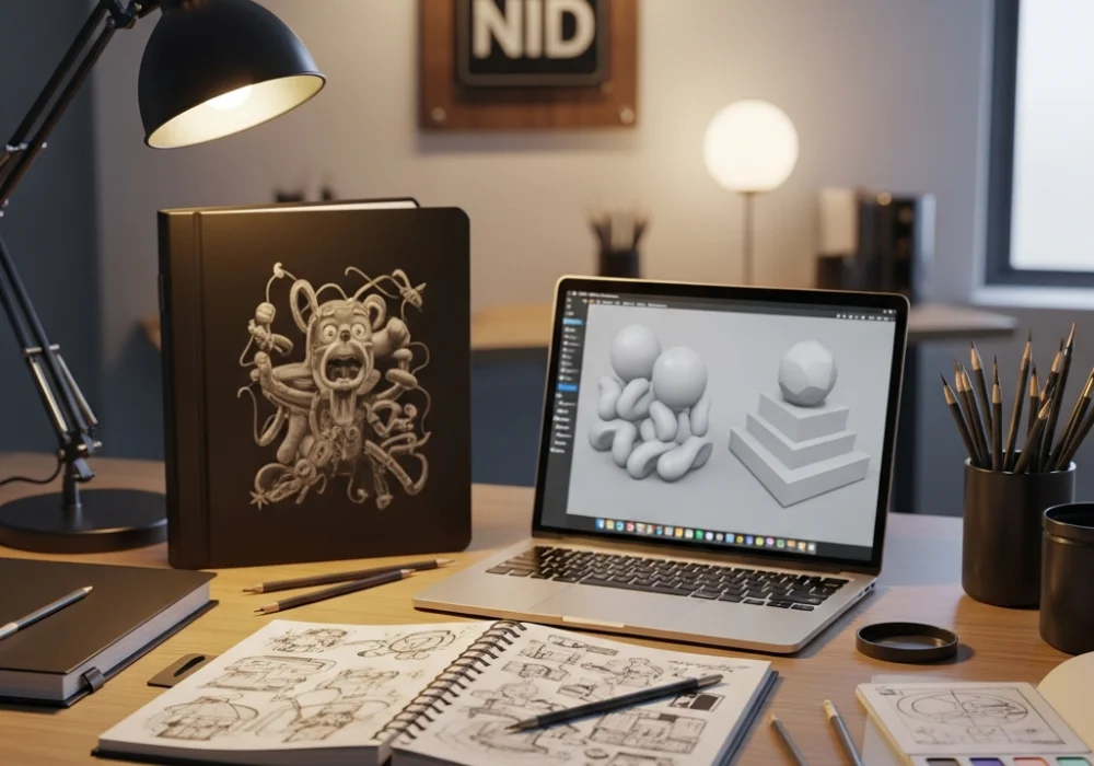NID interview preparation desk with portfolio and design tools