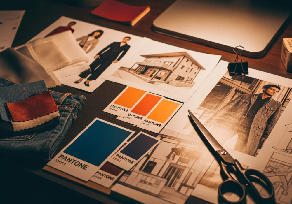 Professional fashion design moodboard layout with fabric swatches and color palettes for NIFT exam preparation.