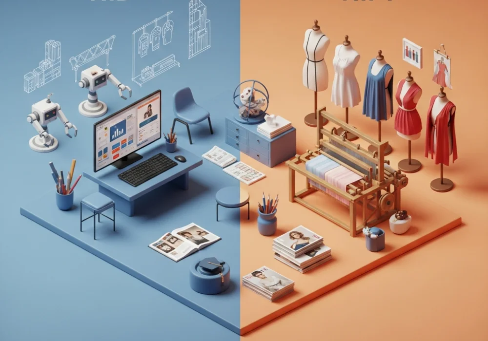 Comparison between NID and NIFT illustrating industrial design and fashion technology environments.