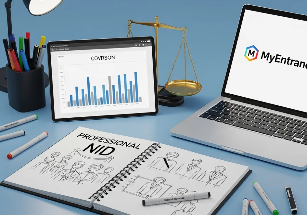 A professional design student's workspace featuring sketching tools and a digital comparison chart for NID coaching fees.