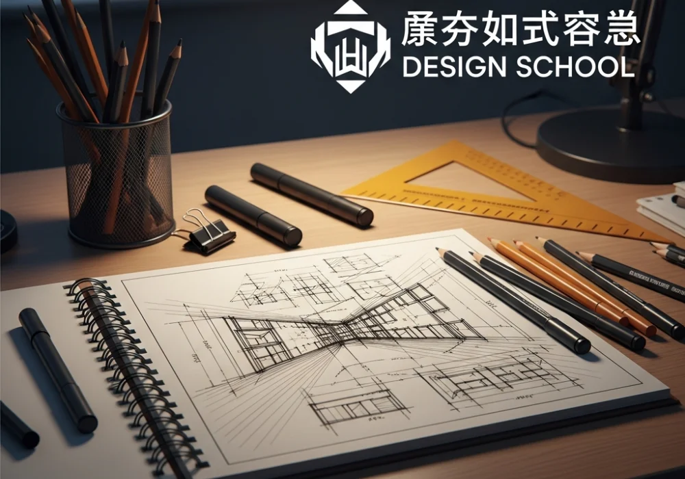 A professional architectural perspective drawing in a sketchbook with design tools on a wooden desk, symbolizing NID DAT preparation.