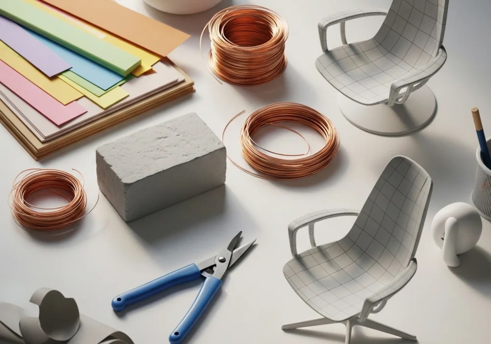 A creative design workshop setup with various materials like clay, wire, and paper for the NID Studio Test preparation.