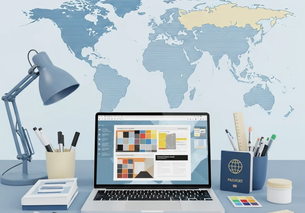 Educational workspace with passport and design tools representing NID international eligibility
