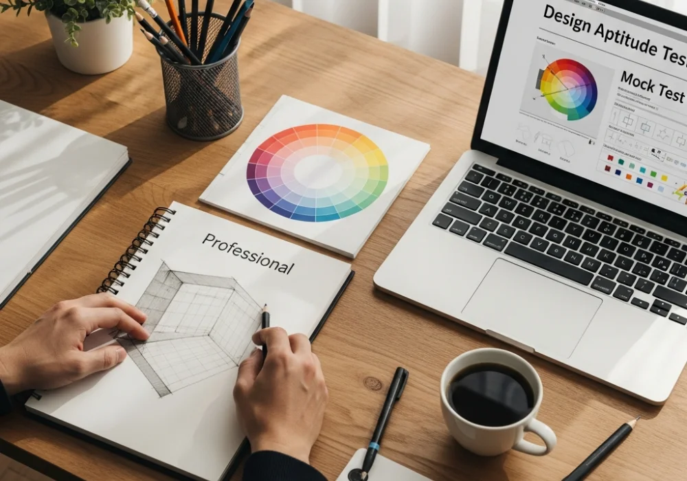 Professional design workspace with sketching tools and NID DAT preparation material.
