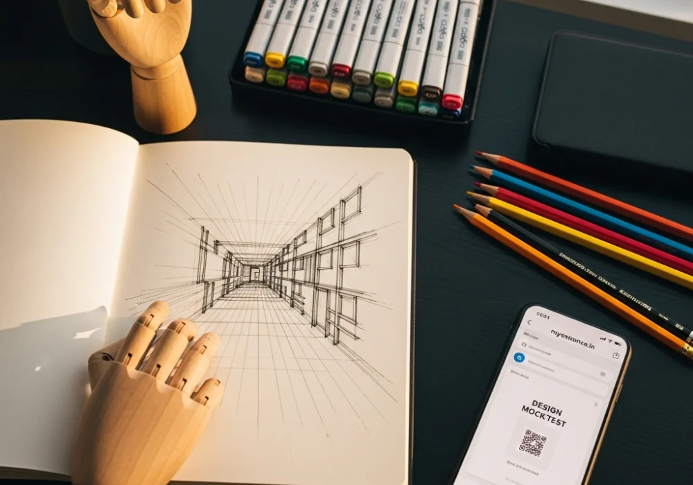A professional design aspirant's workspace with sketching tools and study material for NID DAT preparation.