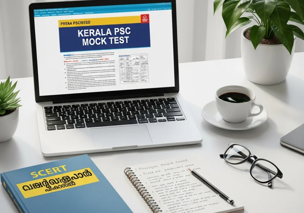 Kerala PSC Degree Level exam study materials and mock test on a computer screen representing a student's preparation environment.