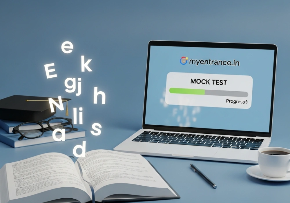 SSC CGL English Vocabulary study material with a glowing dictionary and mock test laptop.