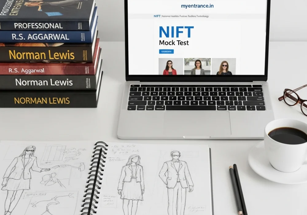 A set of NIFT GAT study materials including topper-recommended books, a sketchbook, and a laptop showing mock tests on a clean desk.