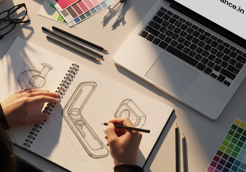 A design student practicing sketching techniques for the NID DAT exam using a question bank and professional design tools.