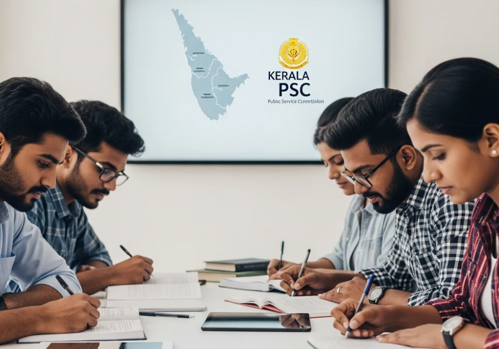 Kerala PSC exam aspirants studying with books and digital devices for the latest recruitment notifications.